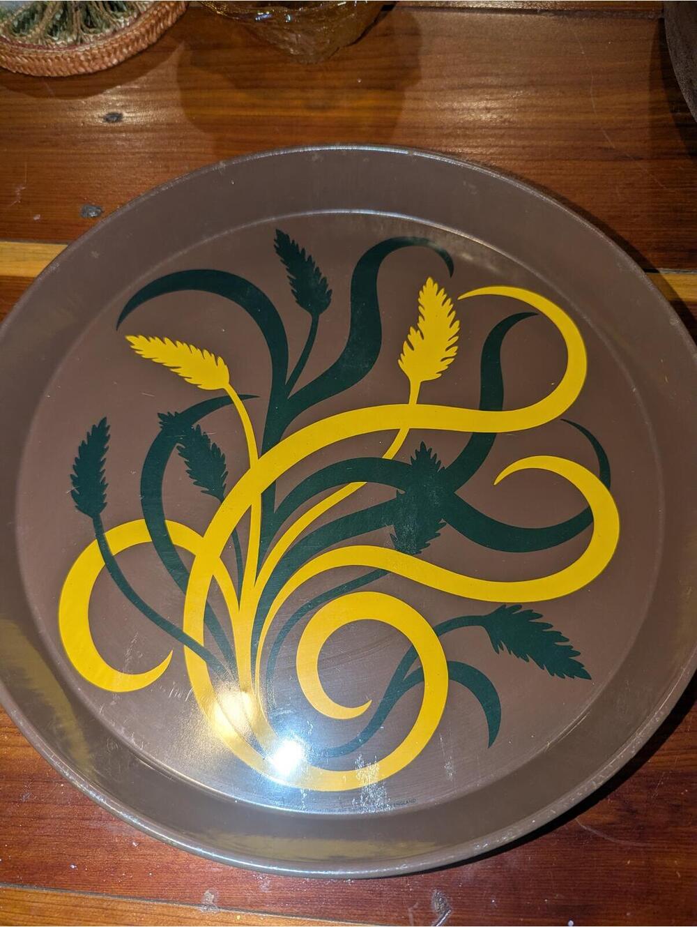 Vintage Decorative Round Tray with Yellow and Green Wheat Design
